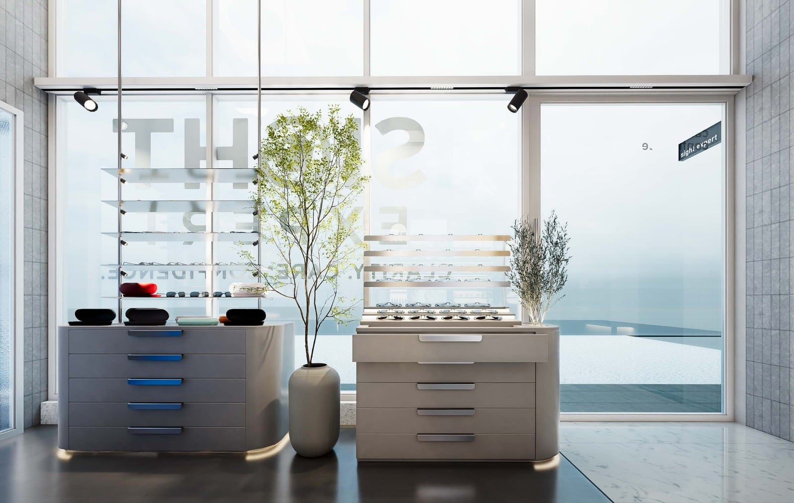Sight Expert-branded eyewear interior concept from the clinic's official Canva website